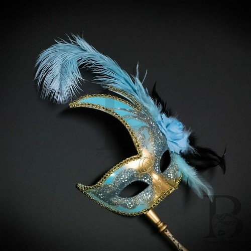 Holding Stick Party Mask | Feather Masquerade Mask Gold Mint Blue M6131 - Picture 2 of 5