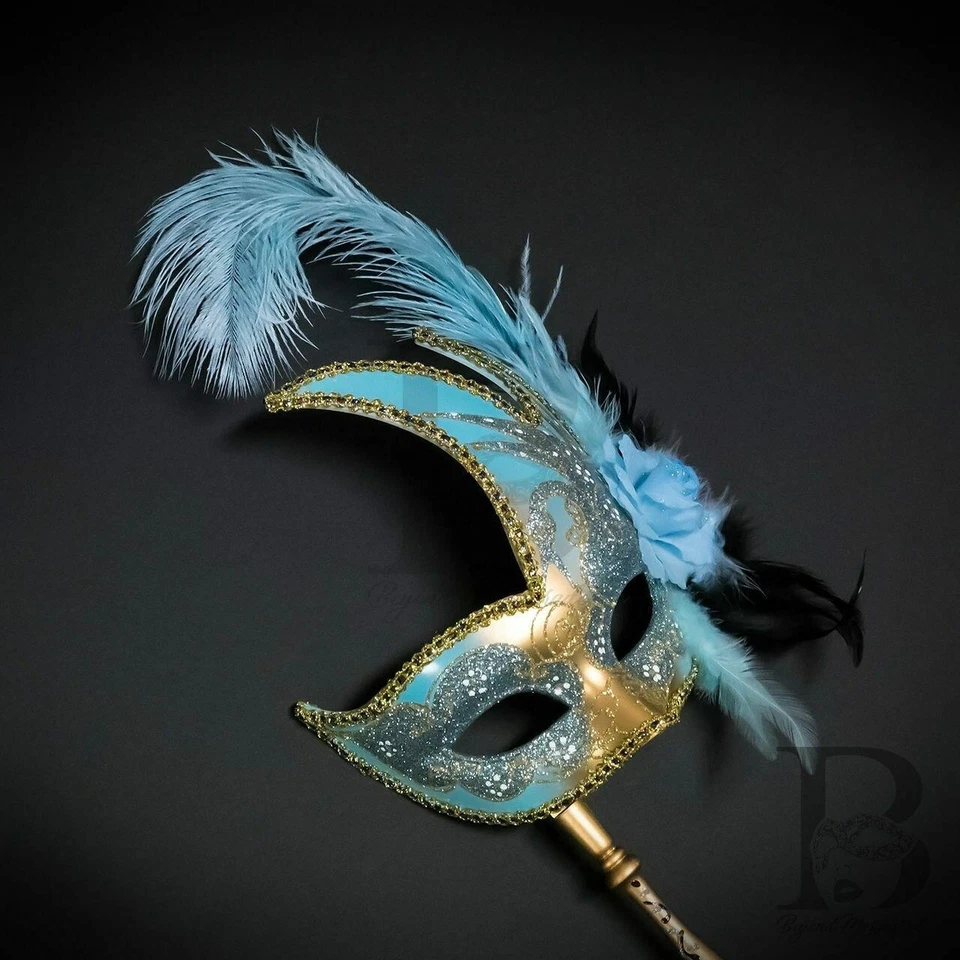 Holding Stick Party Mask | Feather Masquerade Mask Gold Mint Blue M6131 - Image 2 of 4