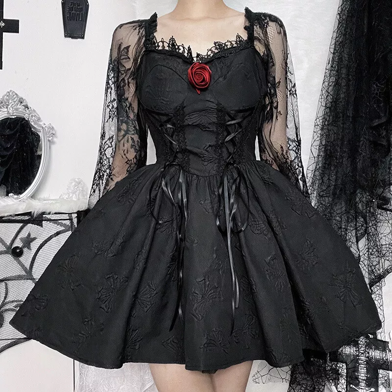 Womens Long Sleeve Gothic Club Party Lace Dress Costumes Rose Swing Dresses  Size