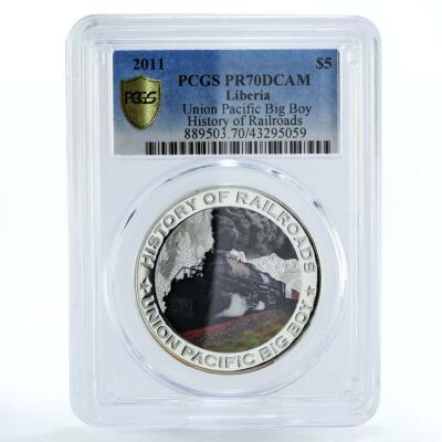 Liberia 5 dollars Pacific Big Boy Train Railroad PR70 PCGS silver