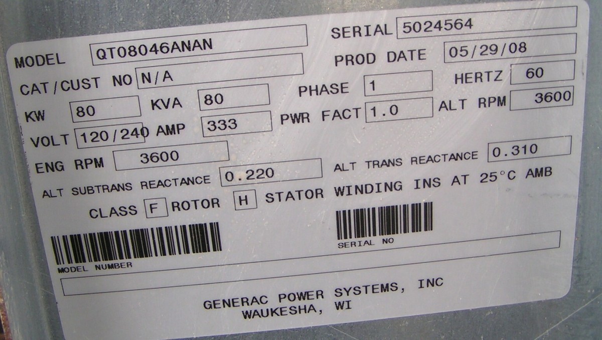 GENERAC POWER SYSTEMS KW: 80 KVA: 80 NATURAL GAS GENERATOR