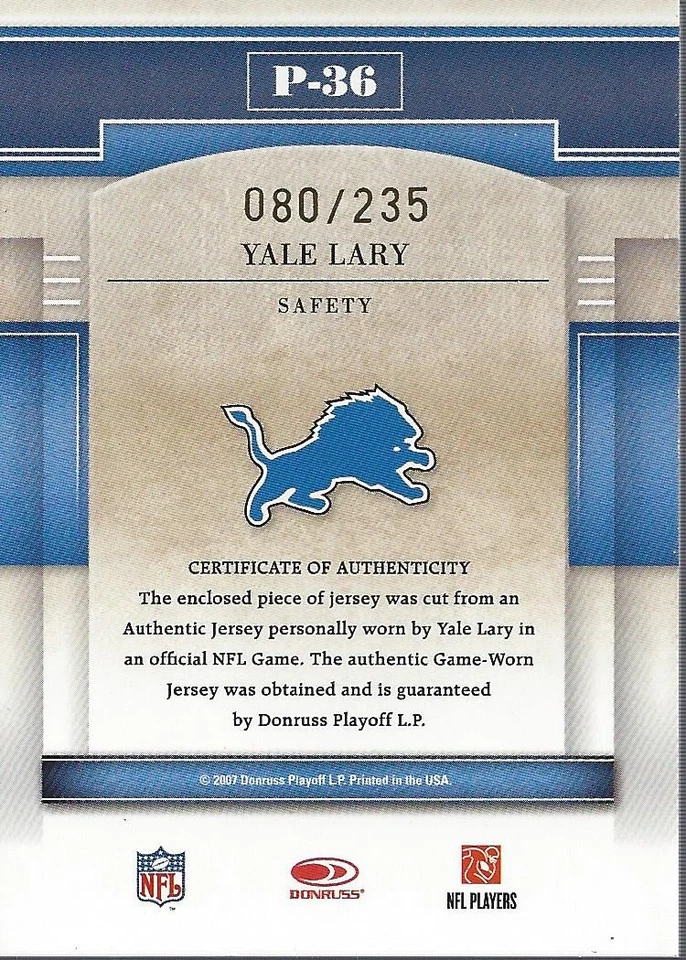 2007 Donruss Gridiron Gear Performers Jerseys #36 Yale Lary Jersey /235 - FB - Image 2 of 2