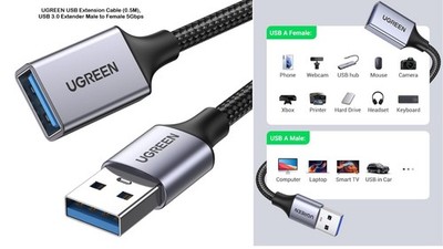 UGREEN USB 3.0 Verlängerungskabel Stecker auf Buchse 5Gbps High Speed USB Extender 0,5M