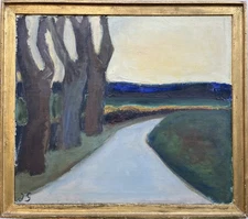Modern Art Country Road With Bare Trees Oil Painting 1959 Monogram