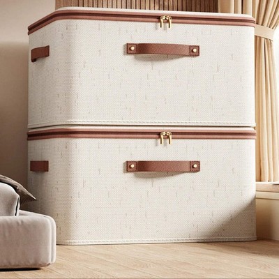Große Beige Aufbewahrungsbox mit Deckel Schwerlast Reißverschluss Organizer Kleidung Spielzeug Decken