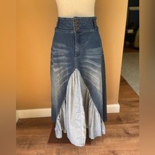 Y2K Denim Maxi Skirt Small High Rise Western Country Cowgirl Festival Ruffled
