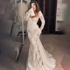 Lace Mermaid Wedding Dresses Long Sleeve Square Neck Bride Gown Appliques Bride