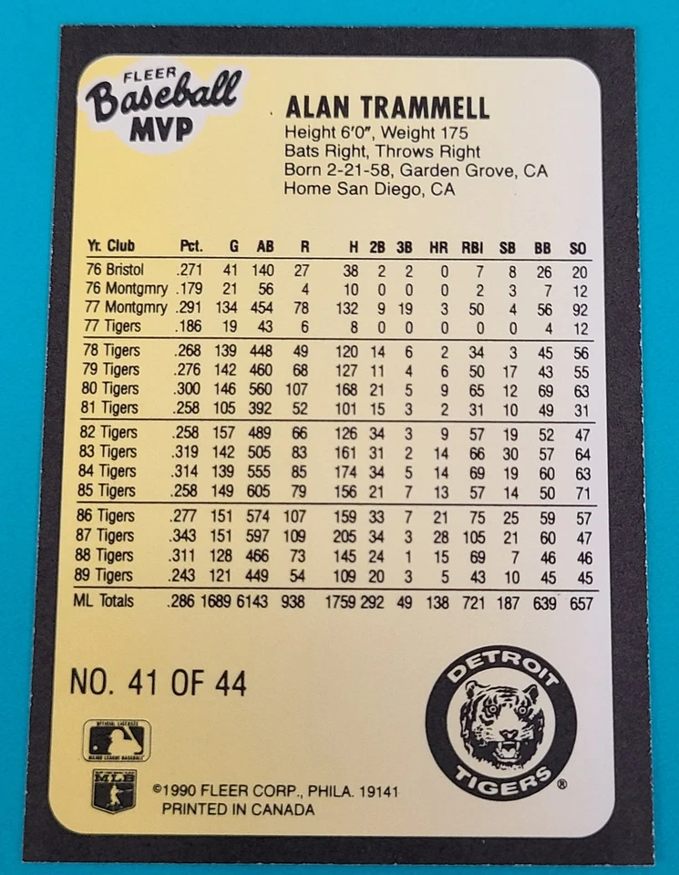1990 Fleer Baseball MVPs #41 Alan Trammell Detroit Tigers BASEBALL Card F7 - Image 2 of 2
