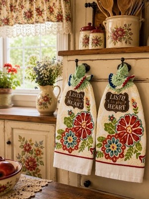 Set (2) Listen To Your Heart Floral Hanging Kitchen Towels Crochet Top Boho Home