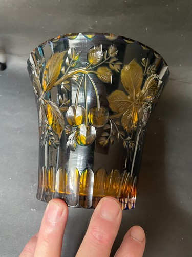 Bohemian Blue Cut to Amber Glass Vase/Planter/Bowl/Flower Pot 5.25 h by 6 w - Picture 3 of 10