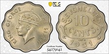 Seychelles 10 Cents 1951 PCGS MS 64