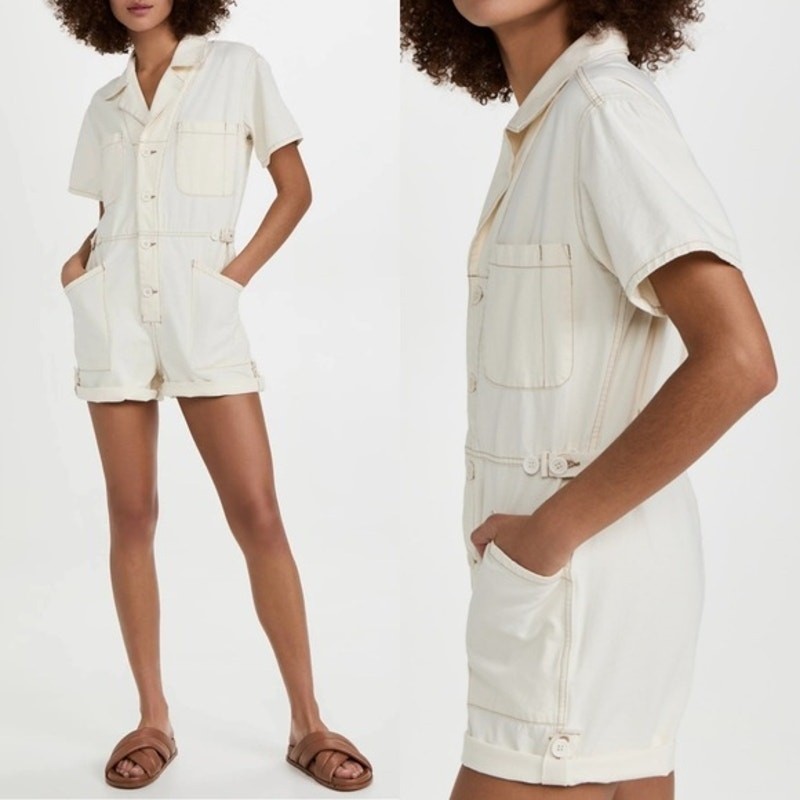 Pistola Grover Short Sleeve Denim Romper Cream Utility Boiler Suit Small