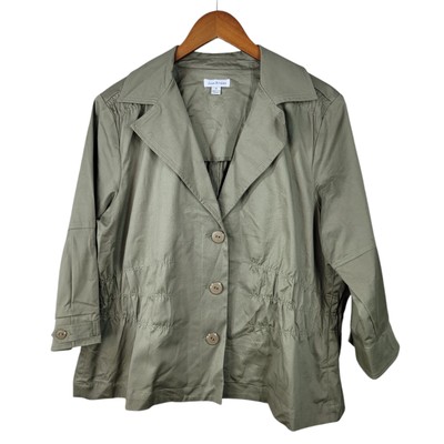 Joan Rivers Field Jacket Plus Size 1X Olive Drab Green Button Up Casual Stetch
