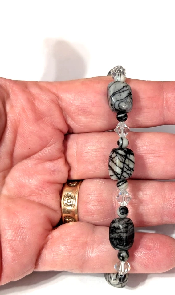 Pulsera Picasso Jaspe Cuentas 8" Negro Gris Tono Plata Araña Piedra sbr-68 Foto 4 de 4