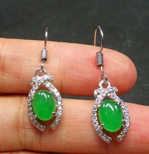 Genuine Green Jade Cabochon Oval Cubic Zirconia 18KGP Hook Dangle Earrings - Picture 5 of 6