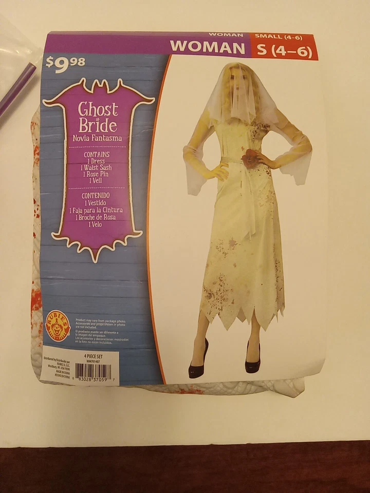 Disfraz de Halloween de Novia Fantasma de Rubí para Mujer S 4-6 Vestido Faja Rosa Prendedor Velo NUEVO Foto 3 de 4