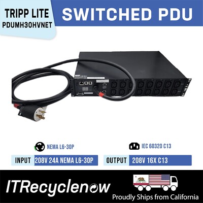 L6-30P Switched 16x C13 Single-Phase 208V / 230V 5.5kW Tripp Lite 2U PDU 24A
