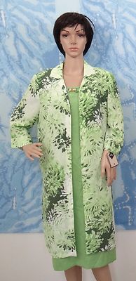 Maya Brooke Women's Floral Paint Brush Collared Duster and green Dress Set,14