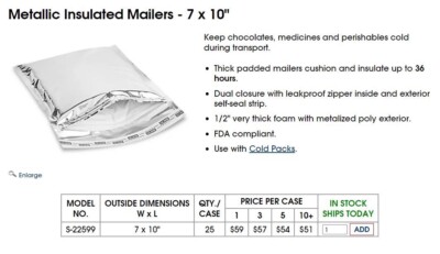 Metallic Insulated / Padded Mailer - 7 x 10  - Uline S-22599 - Case of 25