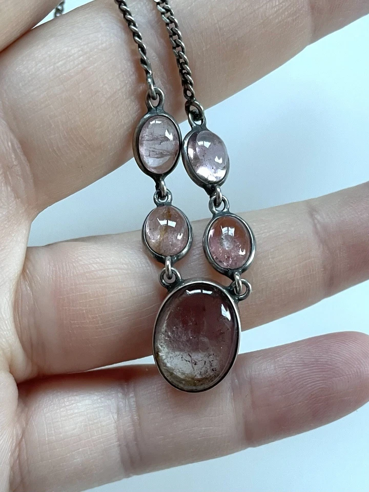 Collar Gota Art Deco Turmalina Rosa Natural Plata Esterlina De Colección 15.35" Foto 4 de 4