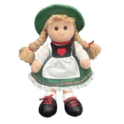 German Girl Rag Doll 15  Euro Souvenirs Green Hat Apron Braids Backpack