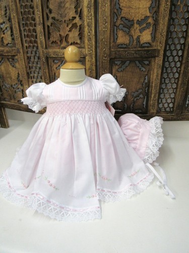 NWT Will'beth Pink Lace Smocked 3pc Dress 6 Month Bonnet Bloomer Baby Girls 6M