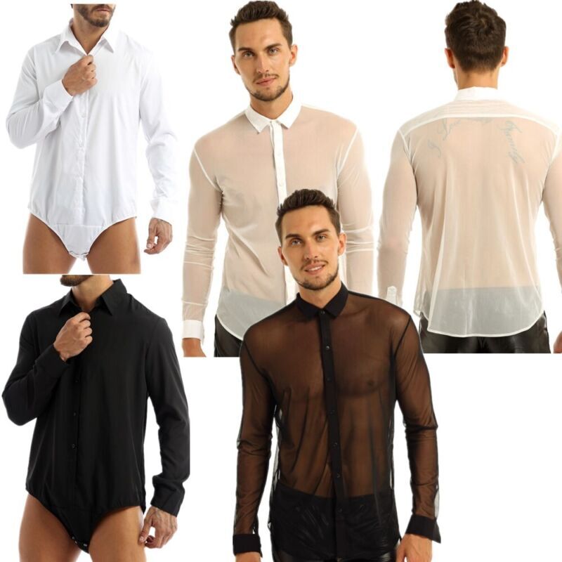 Men's Sexy Mesh T Shirt See Through Long Sleeve Button Down Sheer  Undershirts | eBay