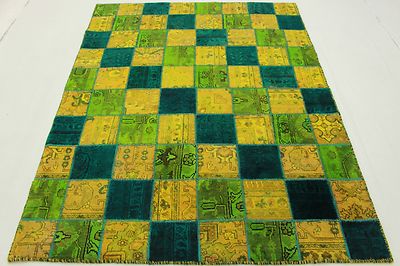 Vintage Patchwork Orient Teppich 200x160 Türkis Grün Used Look handgeknüpft 2067