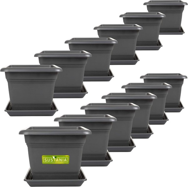 12Er Set PflanztöPfe 28 X 28 Cm Blumentopf Kunststoff Anthrazit Mit Untersetzern-image