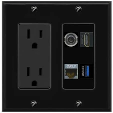 3.5mm CAT7 HD USB-3 Port Wall Plate Black w Power Outlet