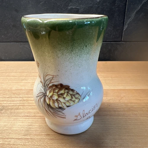 Art Pottery 3” Vase With Pine Cones, Vintage Montana made Pottery Glacier Park