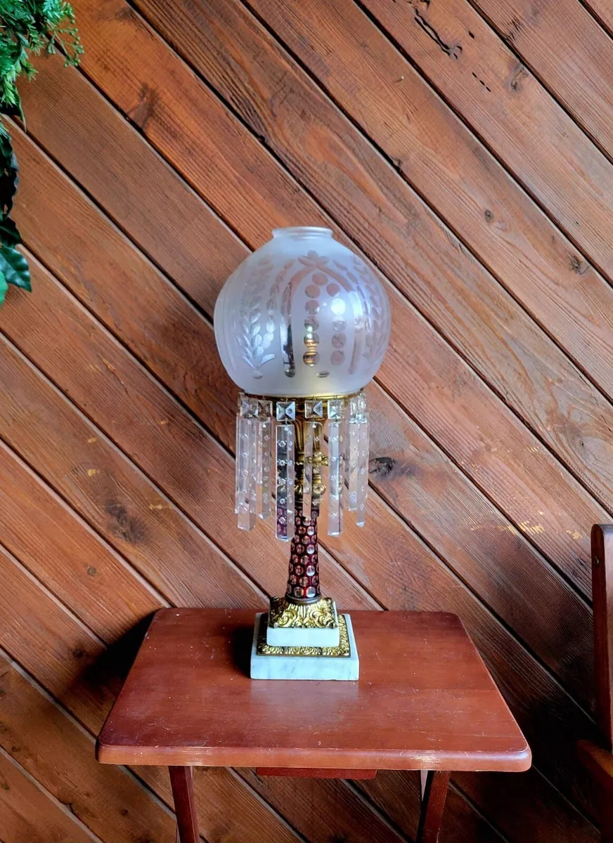 Antique Boston Sandwich Cranberry Red Glass Astral Sinumbra Solar Oil Lamp Prism