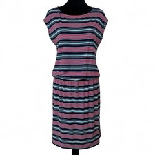 Talbots Dress Womens M Medium Red White Blue Striped Short Cap Sleeves Stretch