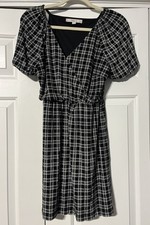 Loft Faux Wrap Dress Size Small Petite Black White Plaid Knee Length Puff Sleeve
