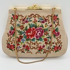 Vintage Floral Tapestry Petit Point Art Gold Chain Evening Bag Handbag Clutch