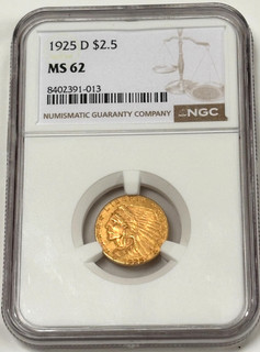 1925 D GOLD Indian Head Quarter Eagle $2.50 NGC MS62 Coin