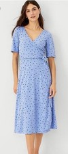 Ann Taylor Women's V-Neck Wrap Dress 3/4 Sleeve, Pocka Dotted Baby Blue Size 6