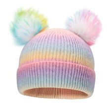 Kids Winter Knitted Beanie Hat Colorful Pompom Double Pom -Rainbow knit Lined