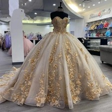 Champagne Gold Princess Quinceanera Dresses Beads Appliques Corset Prom Birthday