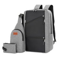Grey Business Laptop Waterproof Backpack Set Travel College School Bag