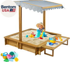 Sandbox with Cover, Sand Box with 2 Toy Bins, 4 Reinforced Benches, Uv-Resistant