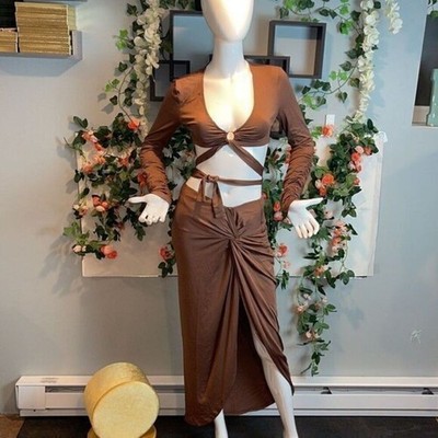 Micas Coffee Long Sleeve Crop Top & Twisted Asymmetric Skirt Set Size M