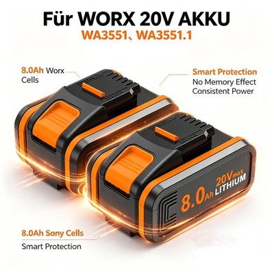 8 Ah MAX Für Worx 20V Akku Original Ersatzakku WA3553 WA3556 WA3551 WA3551.1 2X