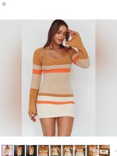 One and Only Collective Fuzzy Knit stripe color block sweater dress brown S/XS