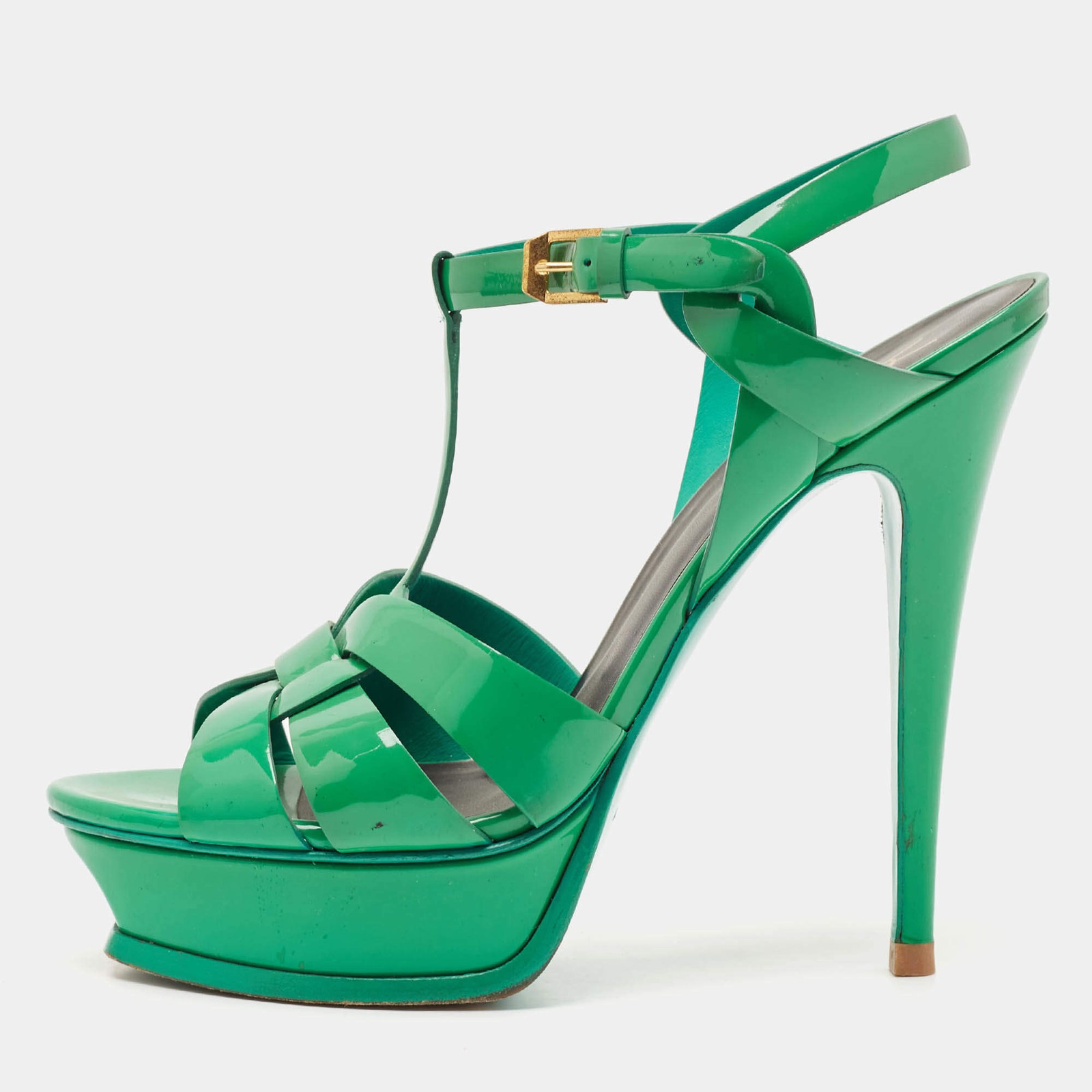 Saint Laurent Green Patent Tribute Platform Sandals Size 39