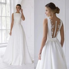 Elegant Sleeveless A-Line Wedding Dresses O-Neck Button Back Satin Bridal Gowns