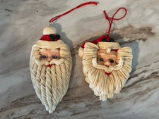 2 Vintage Handmade Glazed Clay Dough Christmas Ornament Santa Claus
