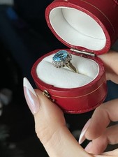 *ANTIQUE* 9ct Gold Ring With Aquamarine Stone And Diamond Encrusting