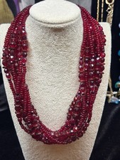 Vintage Ruby Red Crystal Glass Beads Necklace 8 Strand Adj 16-18   Lovely