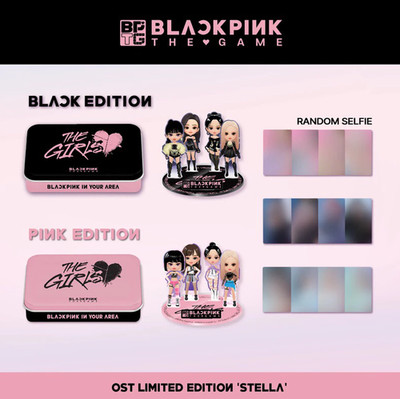 BLACKPINK THE GAME Official Tin Set (Pink + Black) Bundle | Photocards + Standee